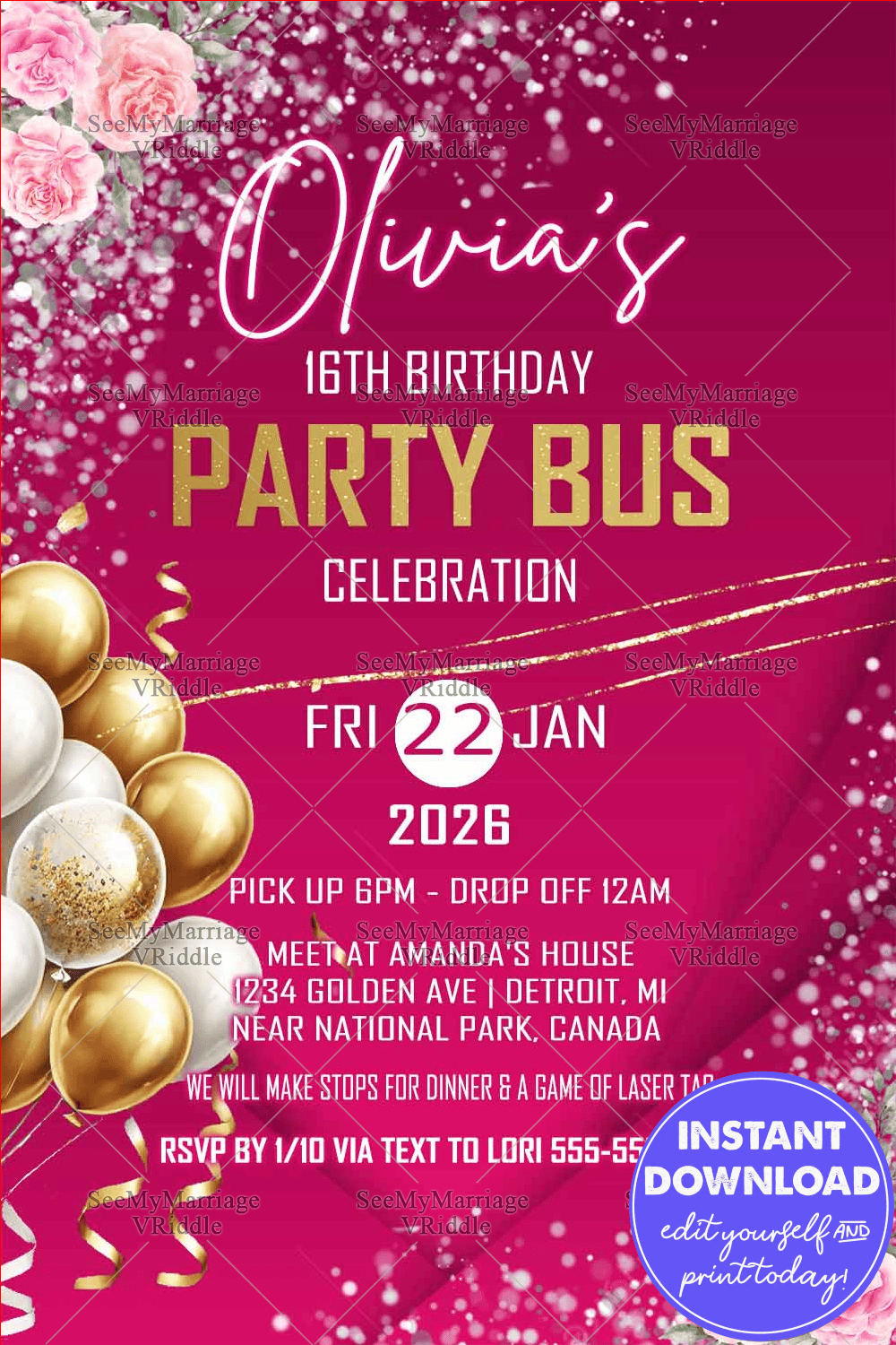 Sweet 16 Glamorous Pink Party Bus Adventure Celebration