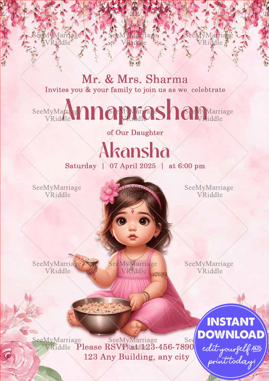 Sweet Pink Floral Annaprashan Invite with Adorable Baby Illustration