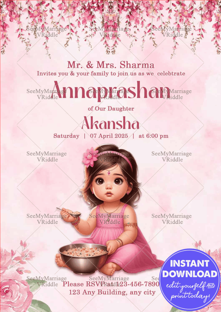 Sweet Pink Floral Annaprashan Invite with Adorable Baby Illustration