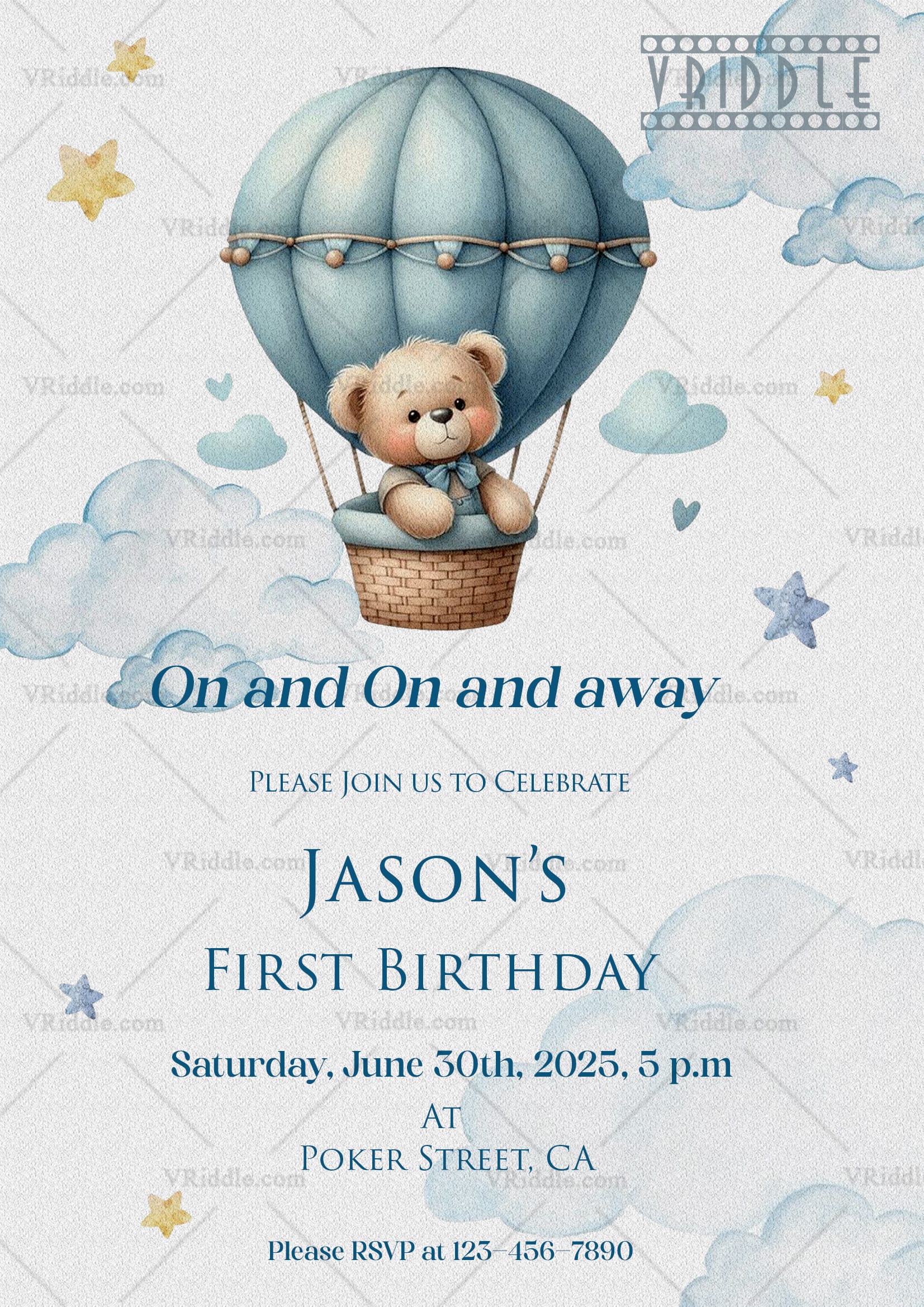 Teddy Balloon First Birthday Invitation Cute Hot Air Balloon Theme