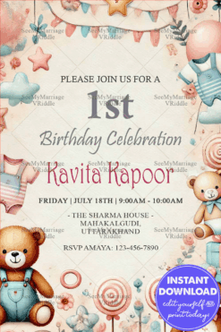 Teddy Bear 1st Birthday Invitation with Pastel Decorations