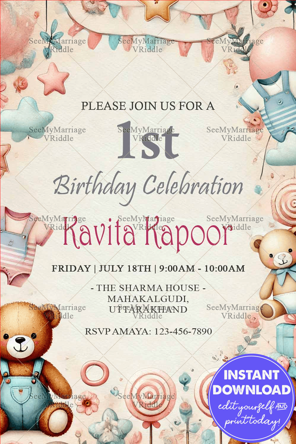 Teddy Bear 1st Birthday Invitation with Pastel Decorations