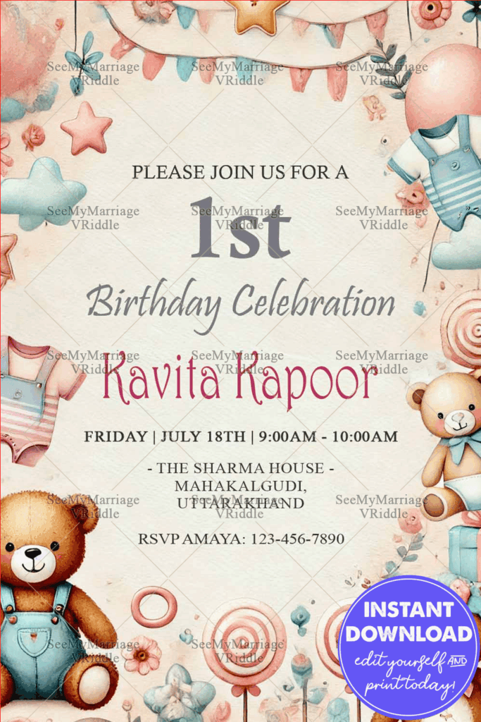 Teddy Bear 1st Birthday Invitation with Pastel Decorations