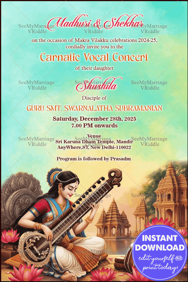 Traditional Carnatic Vocal Concert Invitation with Temple Motifs and Classical Music Elements and Artist