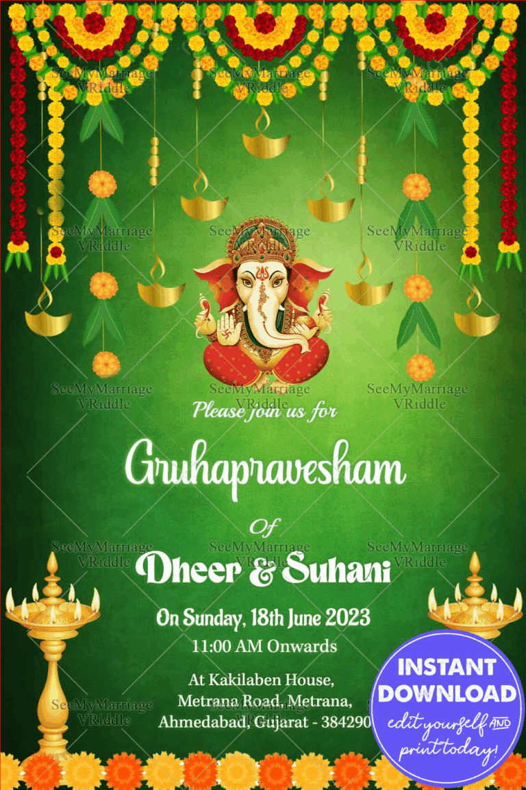 Traditional Gruhapravesham Invitation with Lord Ganesha Motif, Floral Garlands, and Vibrant Green Background