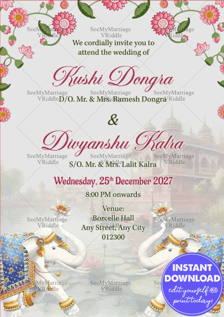 Traditional Indian Wedding Invitation Featuring Floral Motifs and Adorned Elephants with Pastel Accents