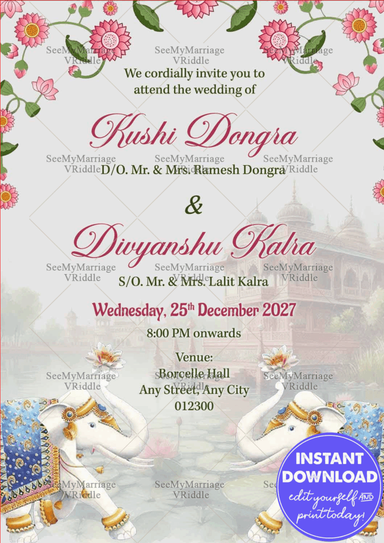 Traditional Indian Wedding Invitation Featuring Floral Motifs and Adorned Elephants with Pastel Accents