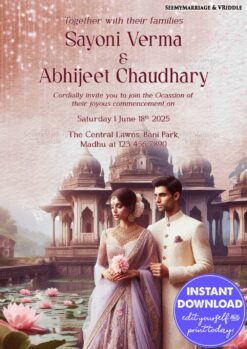 Traditional Indian Wedding Invitation with Couple Image and Indian Architectural Motifs in a Lotus Pond Backdrop