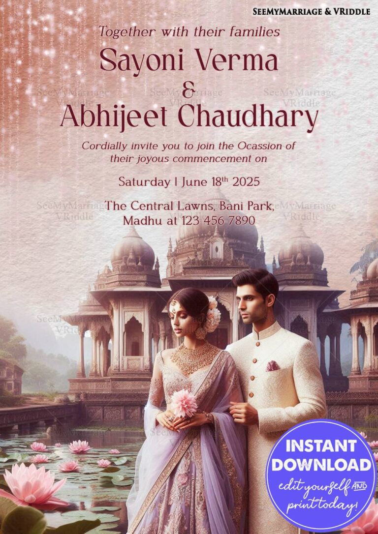 Traditional Indian Wedding Invitation with Couple Image and Indian Architectural Motifs in a Lotus Pond Backdrop