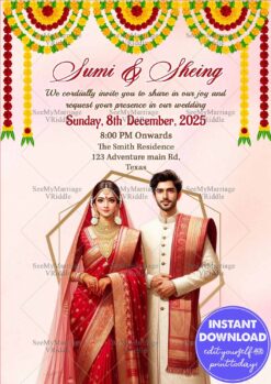 Traditional Indian Wedding Invitation with Couple Portrait Marigold Garlands & Red Gold Theme