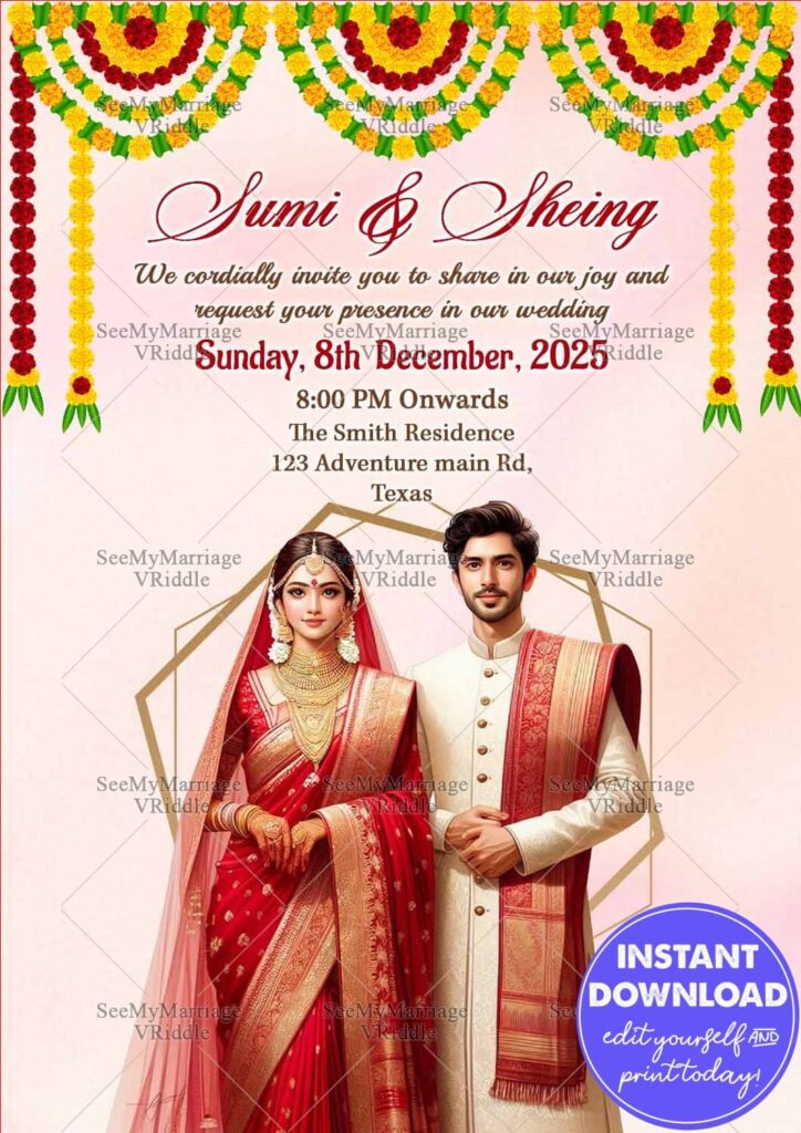 Traditional Indian Wedding Invitation with Couple Portrait Marigold Garlands & Red Gold Theme