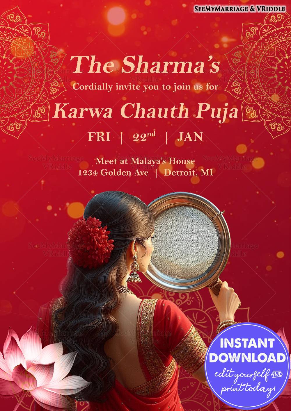 Traditional Karwa Chauth Invitation with Red and Gold Theme Featuring Mandala Designs and Floral Accents