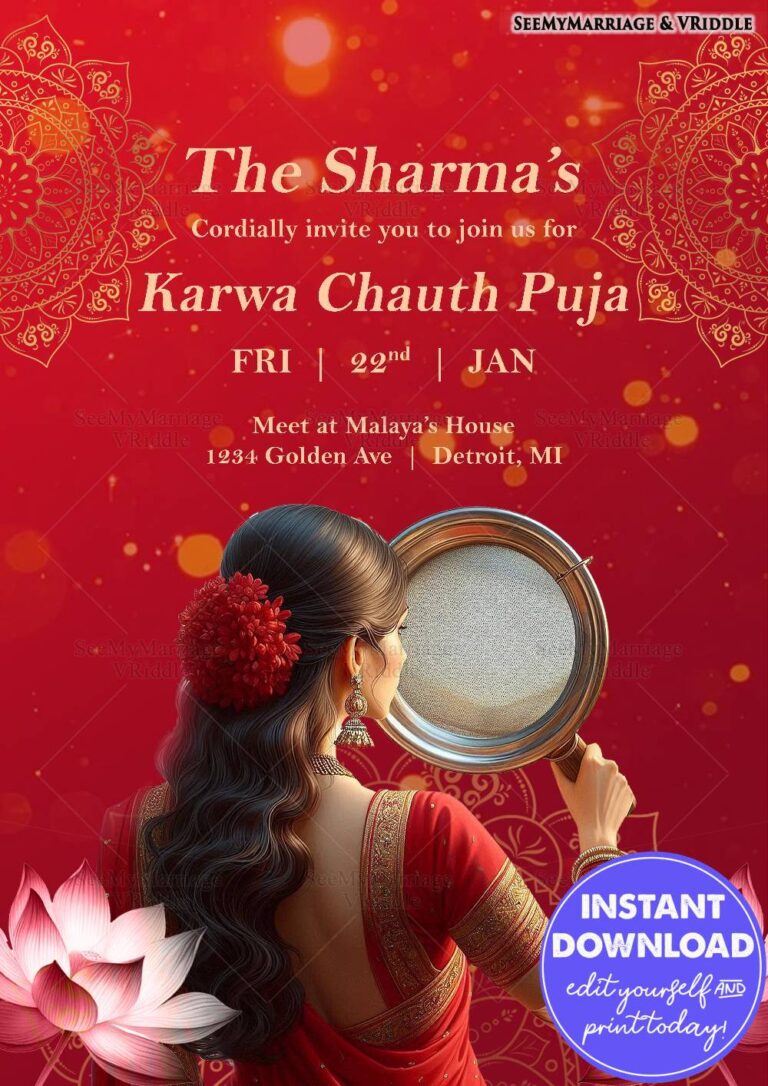Traditional Karwa Chauth Invitation with Red and Gold Theme Featuring Mandala Designs and Floral Accents