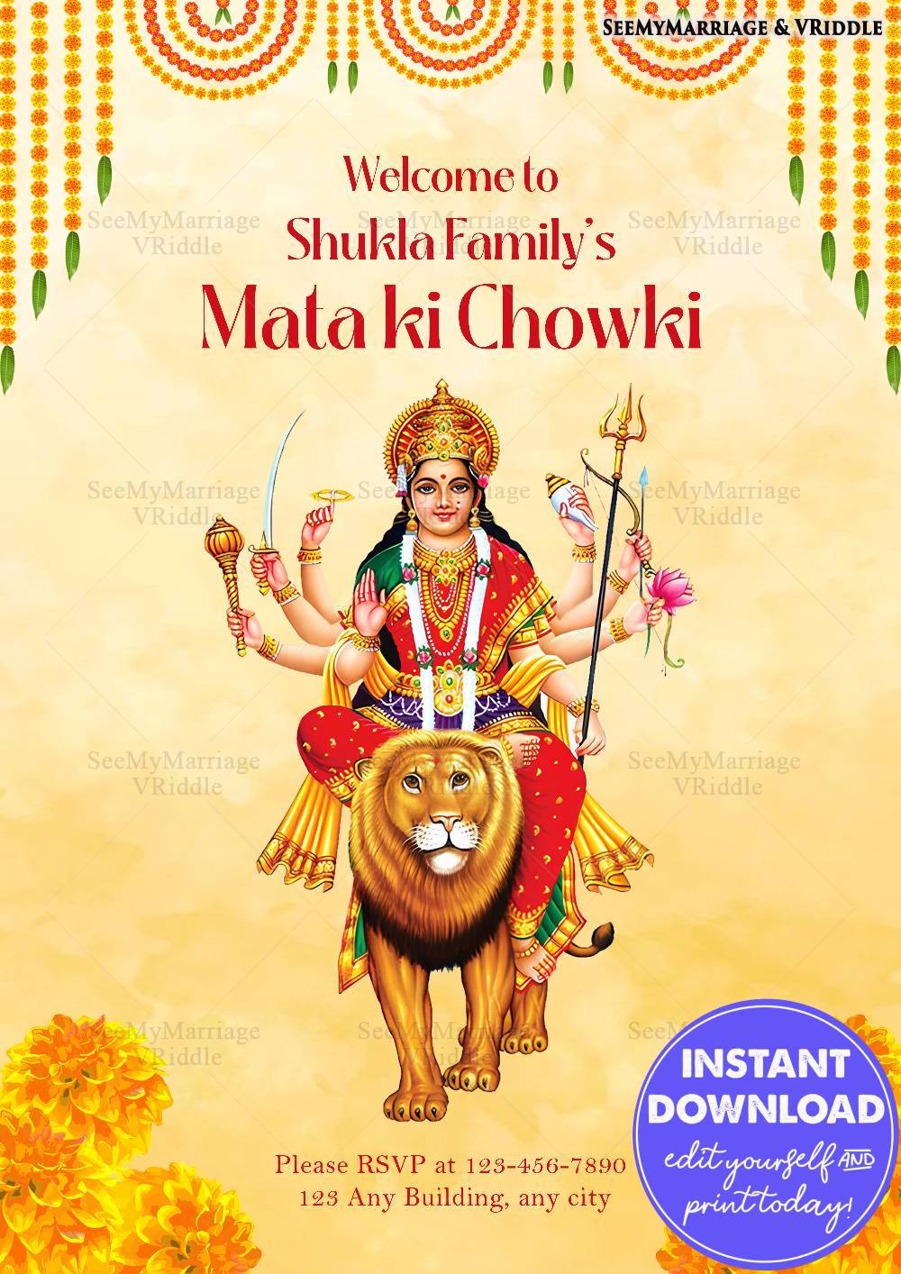 Traditional Mata ki Chowki Event Poster with Goddess Durga Illustration and Festive Marigold Decor