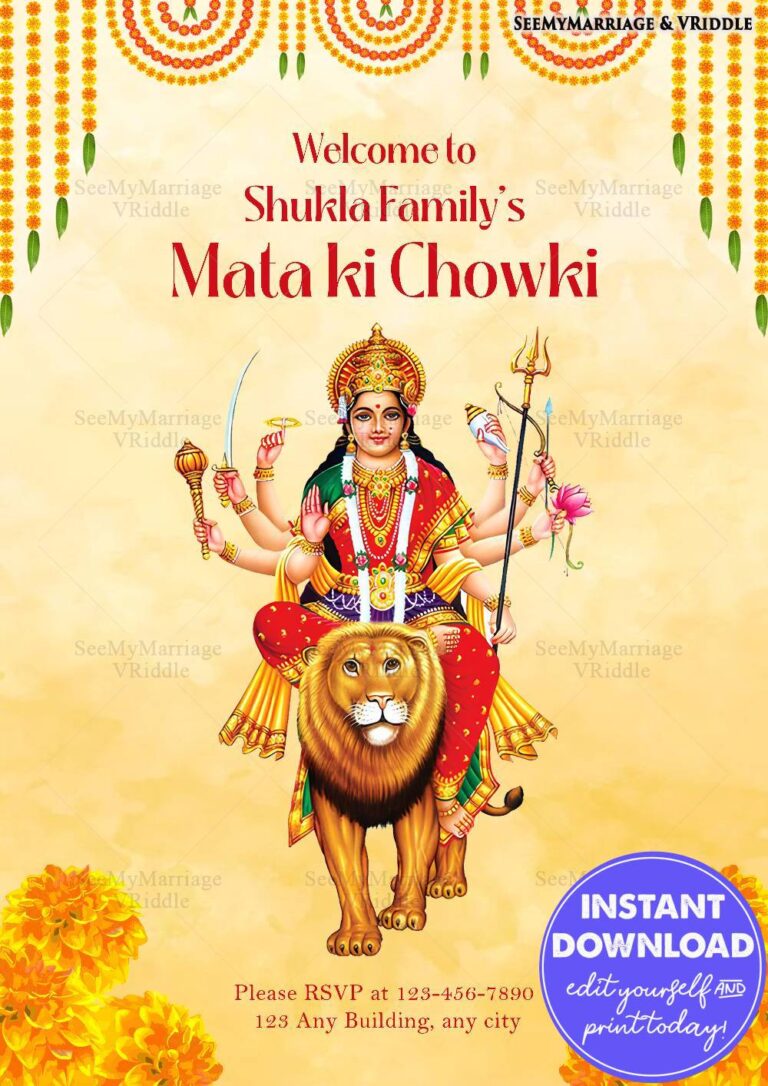 Traditional Mata ki Chowki Event Poster with Goddess Durga Illustration and Festive Marigold Decor