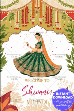 Traditional Mehndi Invitation Banner with Vibrant Floral Motifs, Girl in Green Lehenga Illustration, and Festive Decor
