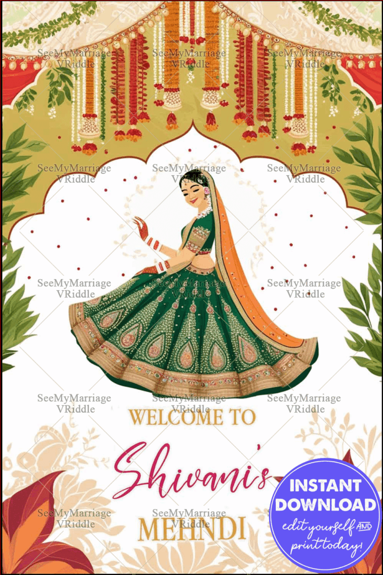 Traditional Mehndi Invitation Banner with Vibrant Floral Motifs, Girl in Green Lehenga Illustration, and Festive Decor