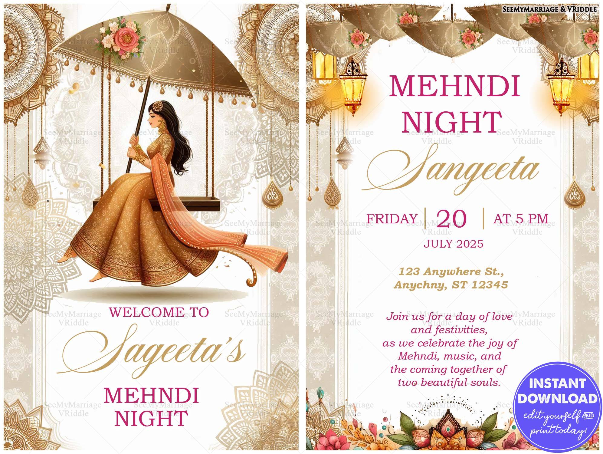 Traditional Mehndi Night Invite with Mandala Art and Romantic Gold Details