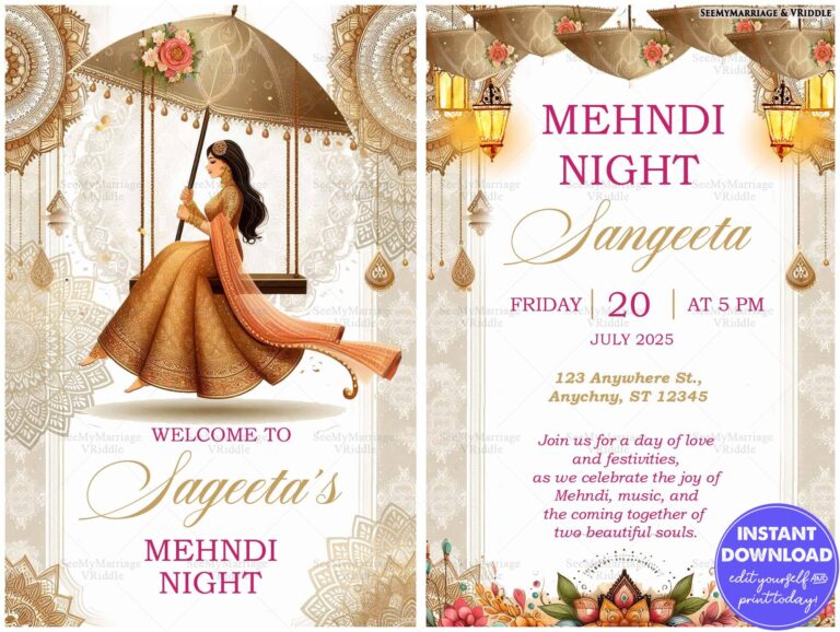 Traditional Mehndi Night Invite with Mandala Art and Romantic Gold Details