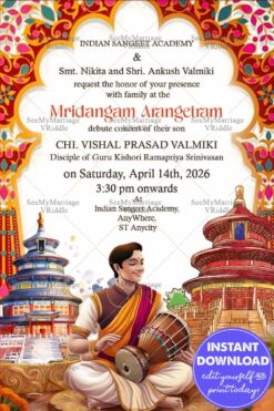 Traditional Mridangam Arangetram Invitation with Cultural Motifs and Temple-Inspired Artistic Design