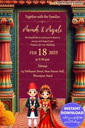 Traditional Nepali Wedding Invitation with Couple Illustration and Elegant Maroon Cultural Design