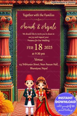 Traditional Nepali Wedding Invitation with Couple Illustration and Elegant Maroon Cultural Design