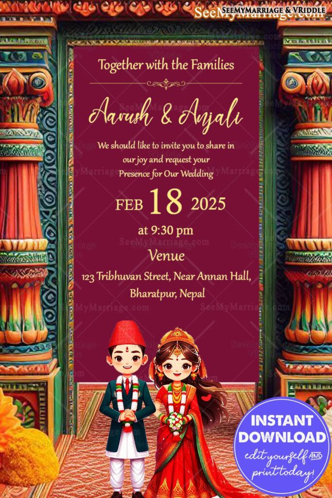 Traditional Nepali Wedding Invitation with Couple Illustration and Elegant Maroon Cultural Design
