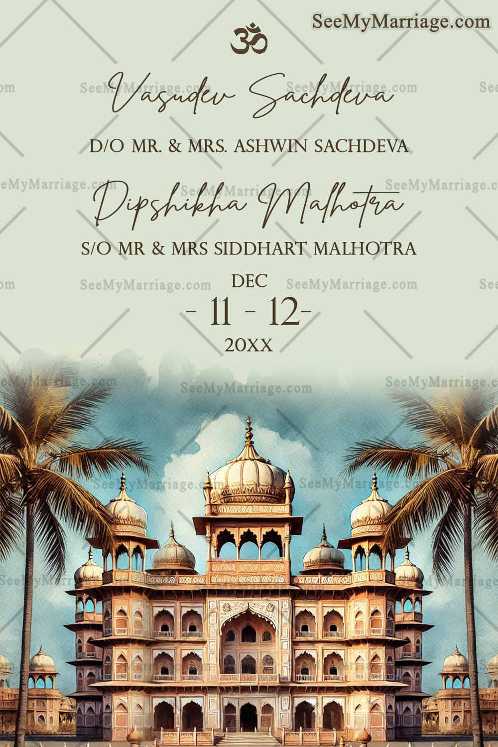 Traditional Palace Wedding Invitation Om Symbol with Bride and Groom Details