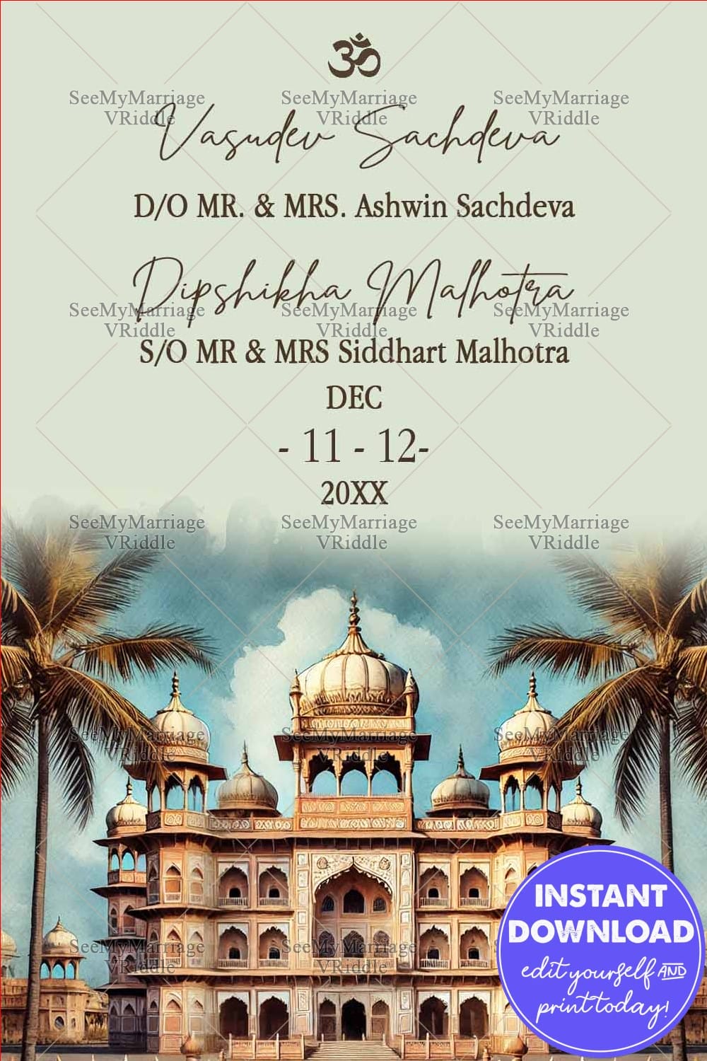 Traditional Palace Wedding Invitation Om Symbol with Bride and Groom Details