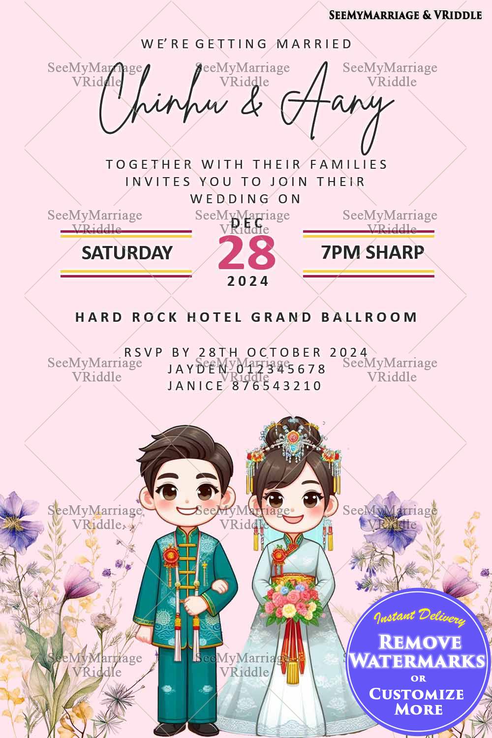 Traditional Pink Chinese Wedding Invitation with Adorable Cartoon Couple and Floral