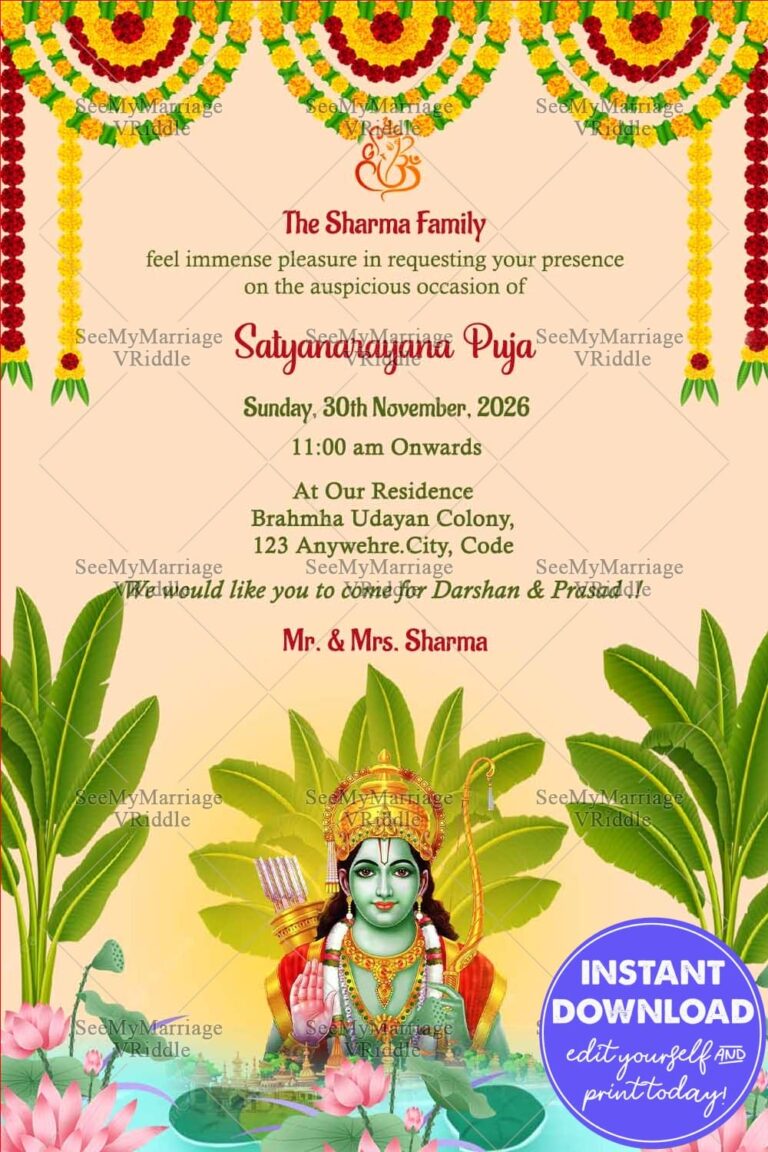 Traditional Satyanarayana Puja Invitation with Lord Ram Illustration, Lotus Flowers and Marigold Decorations