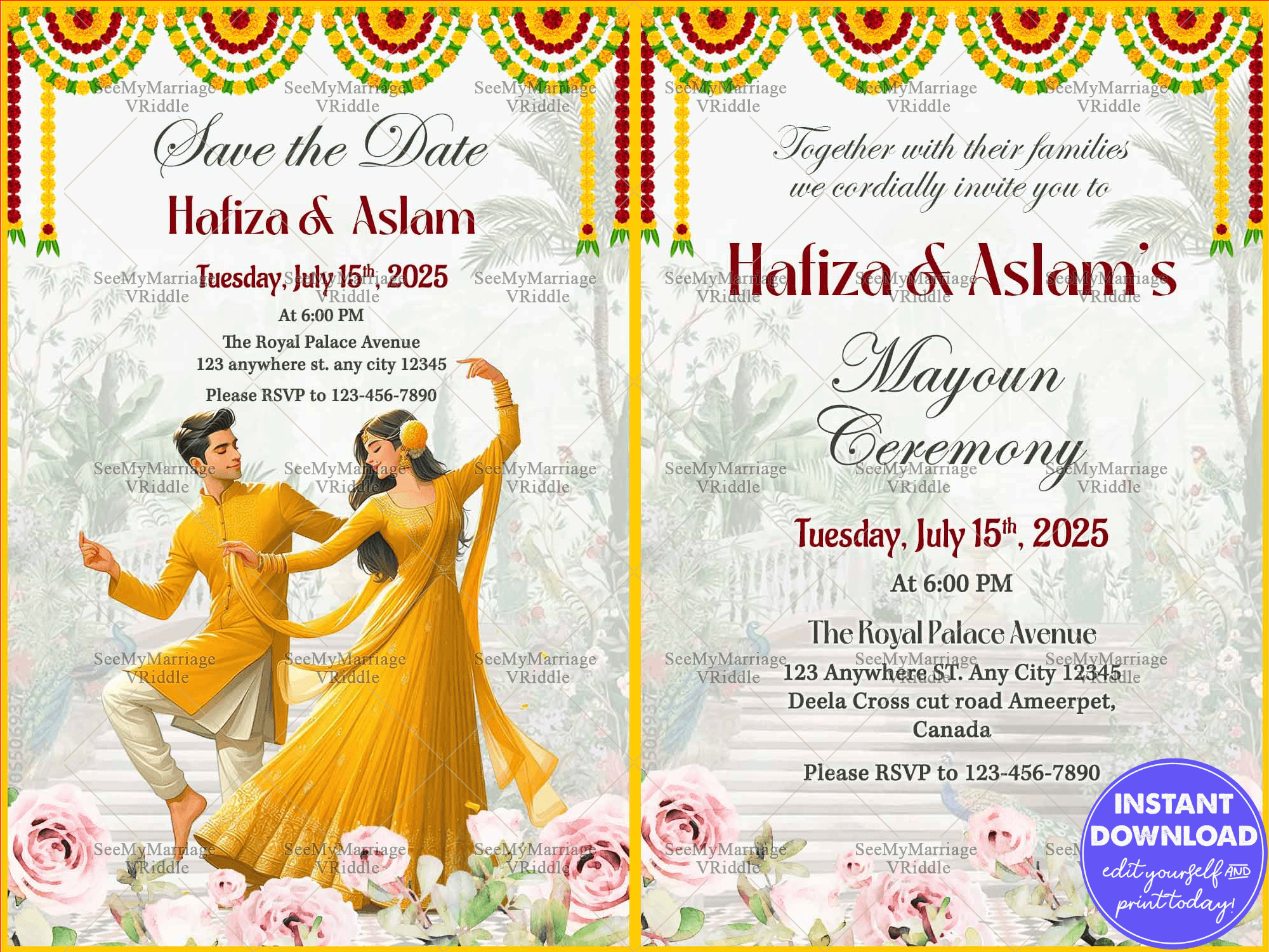 Traditional Save The Date Mayoun Ceremony Invitation with Floral Borders, Yellow Attire Couple Illustration and Festive Decor
