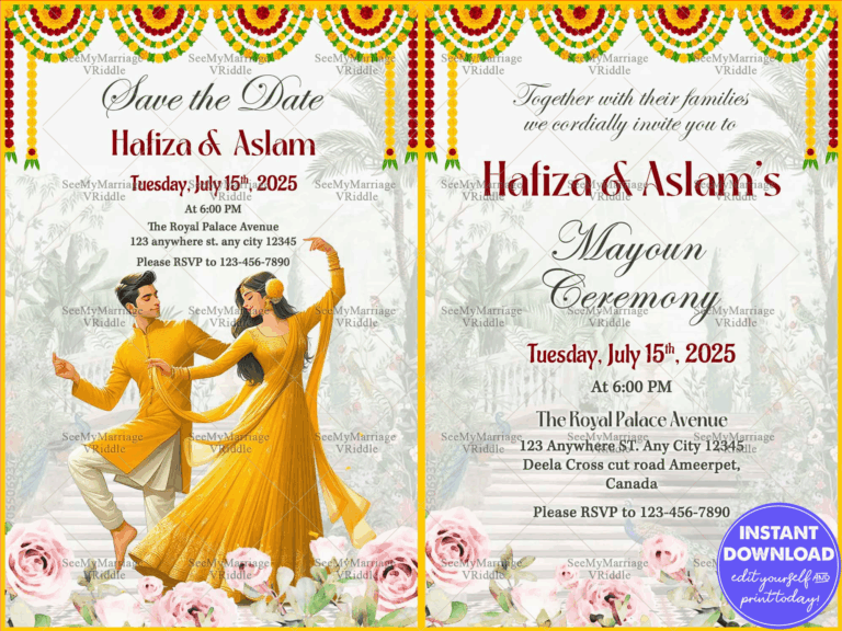 Traditional Save The Date Mayoun Ceremony Invitation with Floral Borders, Yellow Attire Couple Illustration and Festive Decor