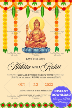 Traditional Save-the-Date Wedding Invitation with Buddha Illustration, Floral Garlands, and Green Accents
