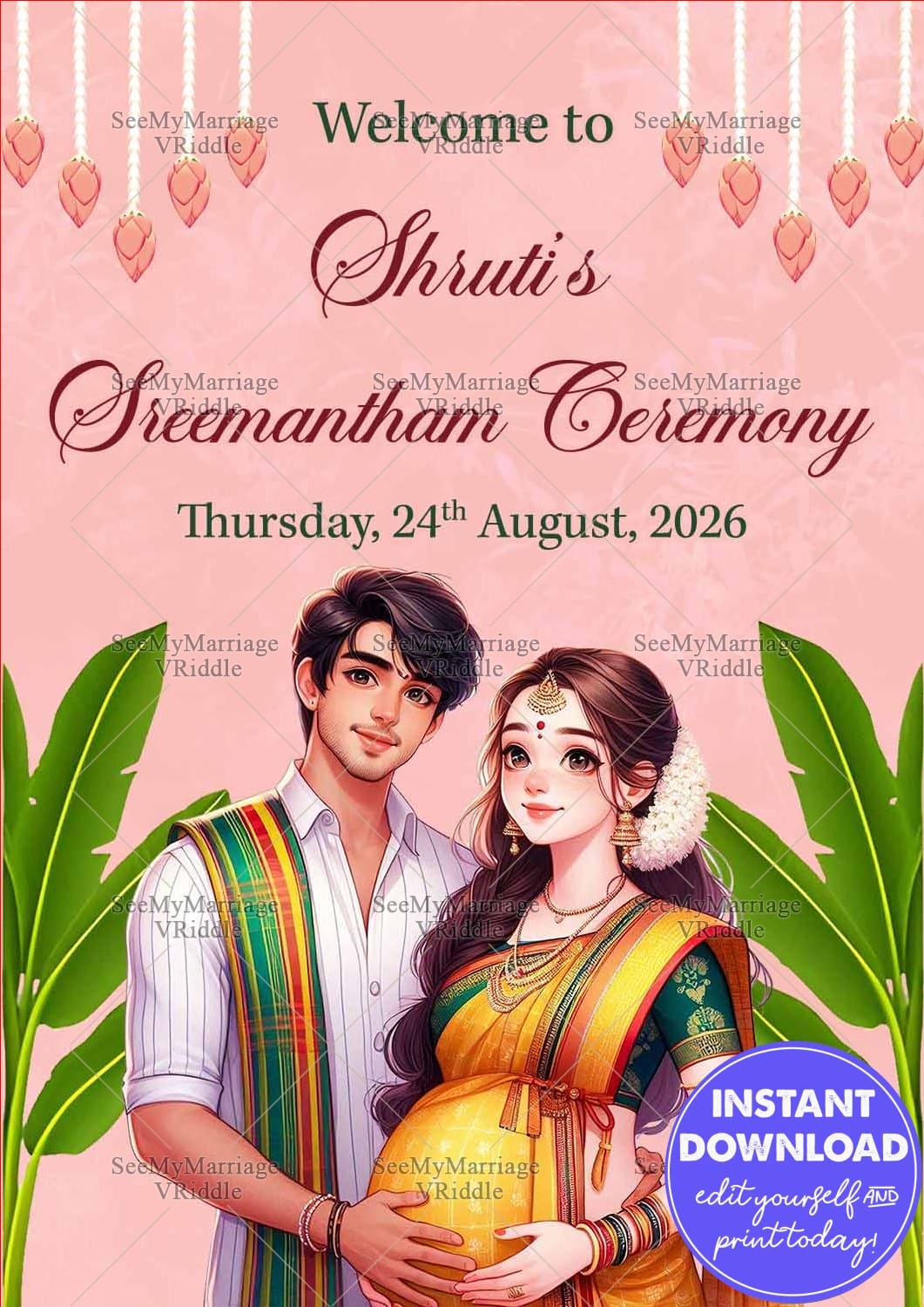 Traditional Seemantham Ceremony Banner with Couple Illustration, Elegant Florals and Peach Background