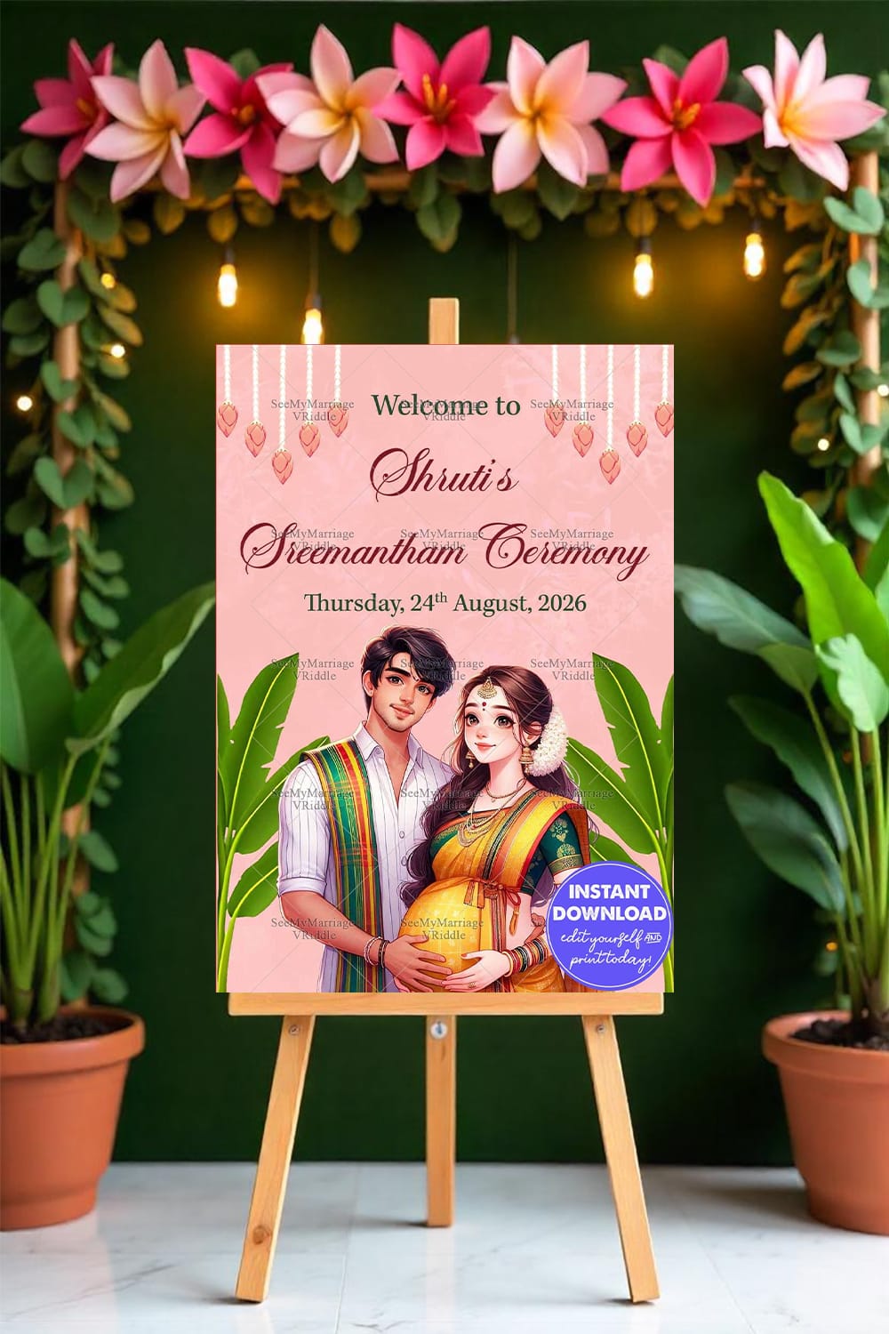 Traditional Seemantham Ceremony Banner with Couple Illustration, Elegant Florals and Peach Background Mockup