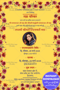 Traditional Siddhi Tap Invitation with Floral Patterns for Religious Panchkalyan Vidhi and Parna Ceremony in Bright Yellow Background