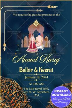 Traditional Sikh Anand Karaj Wedding Invitation in Deep Blue Background with Gold Patterns and Couple Illustration
