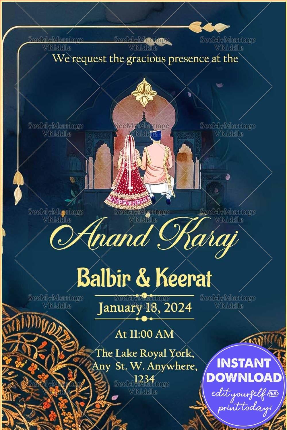 Traditional Sikh Anand Karaj Wedding Invitation in Deep Blue Background with Gold Patterns and Couple Illustration