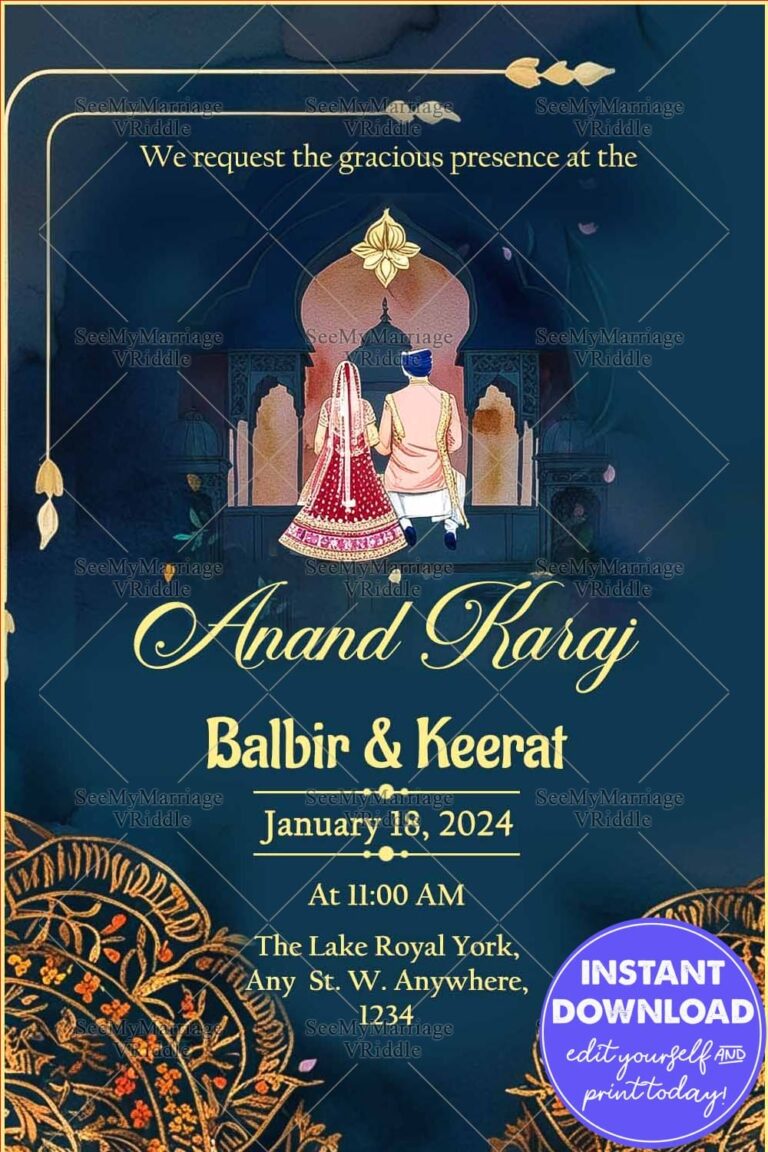 Traditional Sikh Anand Karaj Wedding Invitation in Deep Blue Background with Gold Patterns and Couple Illustration