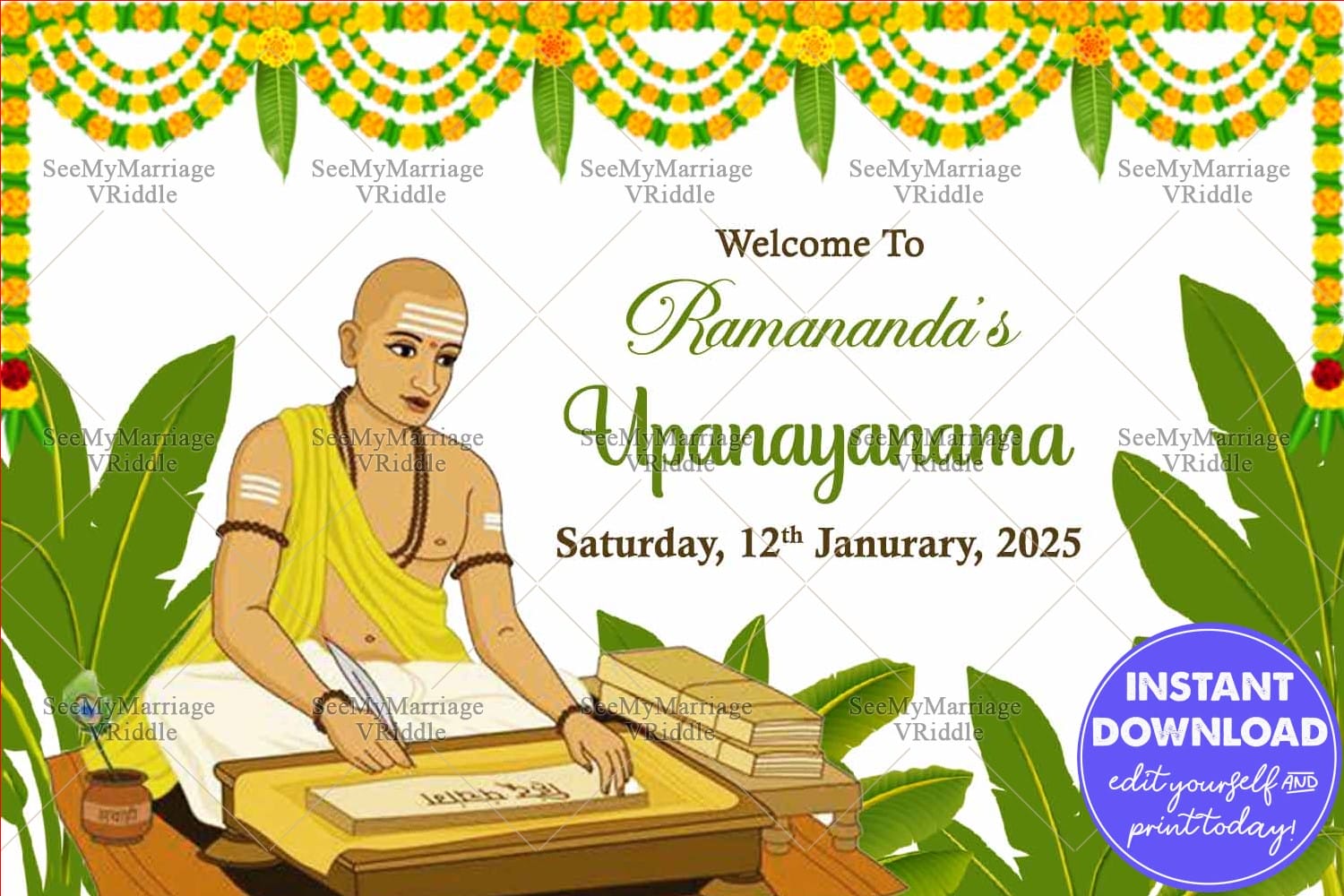 Traditional Upanayanam Banner Featuring Illustration of a Boy, Banana Leaves and Bright Marigold Garlands
