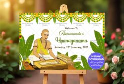 Traditional Upanayanam Banner Featuring Illustration of a Boy, Banana Leaves and Bright Marigold Garlands
