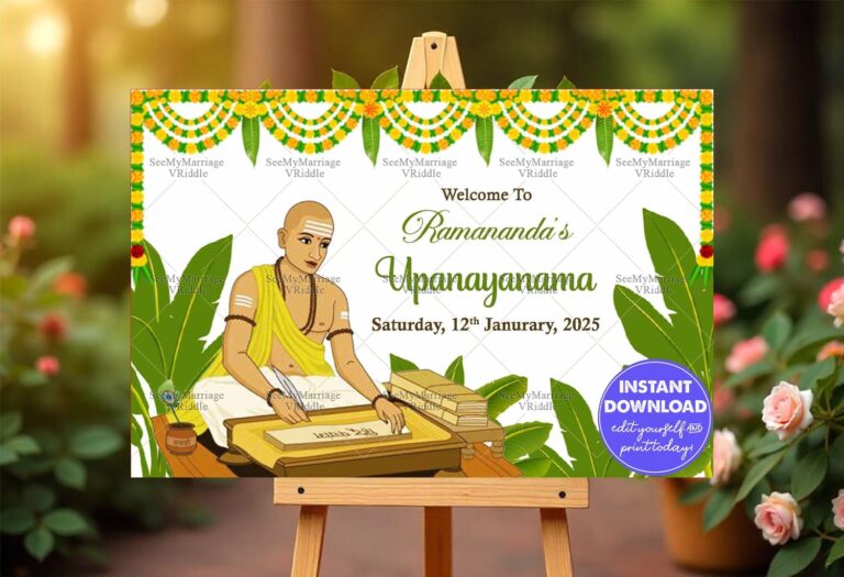 Traditional Upanayanam Banner Featuring Illustration of a Boy, Banana Leaves and Bright Marigold Garlands