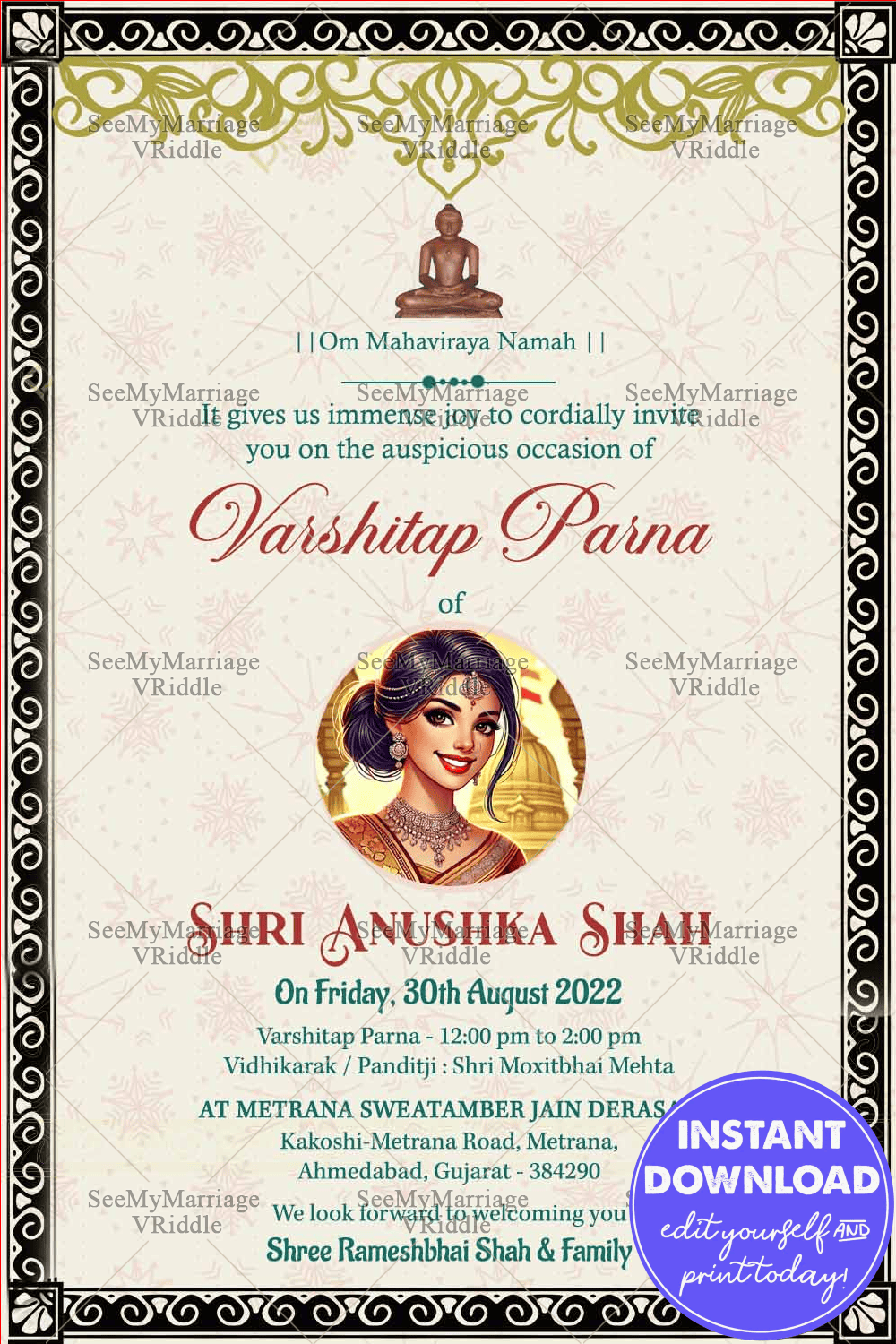 Traditional Varshitap Parna Invitation with Elegant Borders and Spiritual Motifs