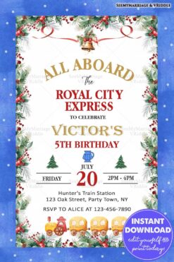 Train-Themed Holiday Birthday Invitation with Festive Christmas Decor and Playful Illustrations