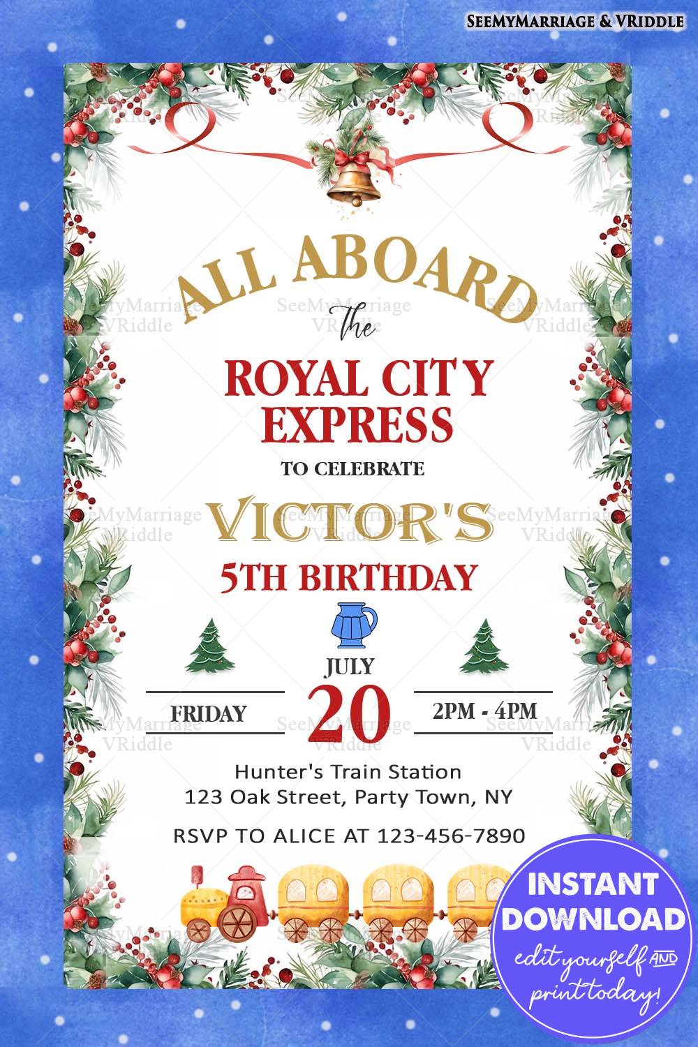 Train-Themed Holiday Birthday Invitation with Festive Christmas Decor and Playful Illustrations