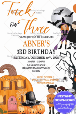 Trick or Three Halloween Birthday Invitation with Cute Costumes and Haunted Pumpkin House