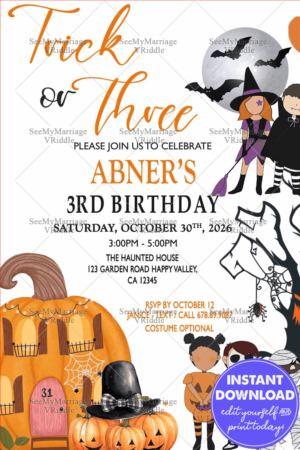 Trick or Three Halloween Birthday Invitation with Cute Costumes and Haunted Pumpkin House