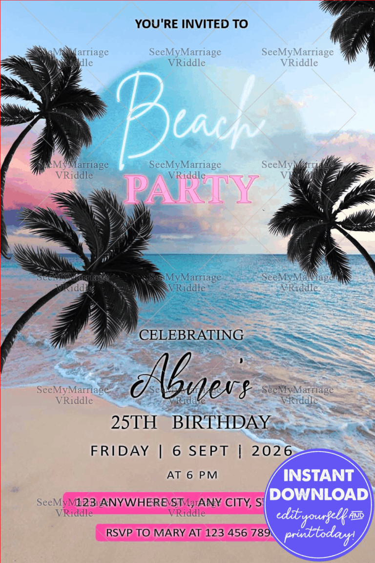 Tropical 25th Birthday Beach Party Invitation for a Celebration with Neon Highlights