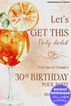 Tropical 30th Birthday Pool Party Invitation with Watercolor Cocktail and Orange Summer Vibes